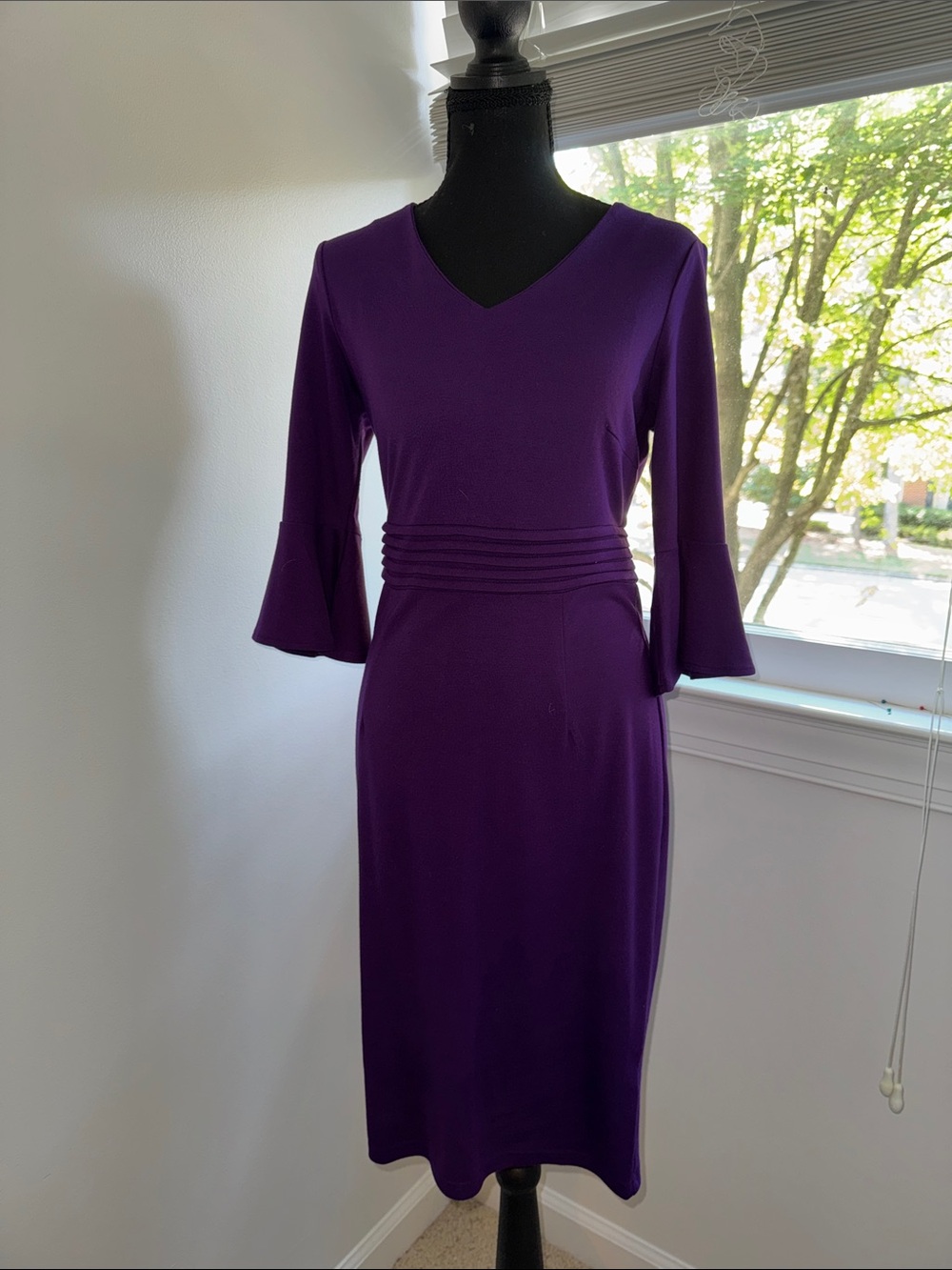 V-Neck Purple Midi Dress with Flared Three-Quarter Sleeves